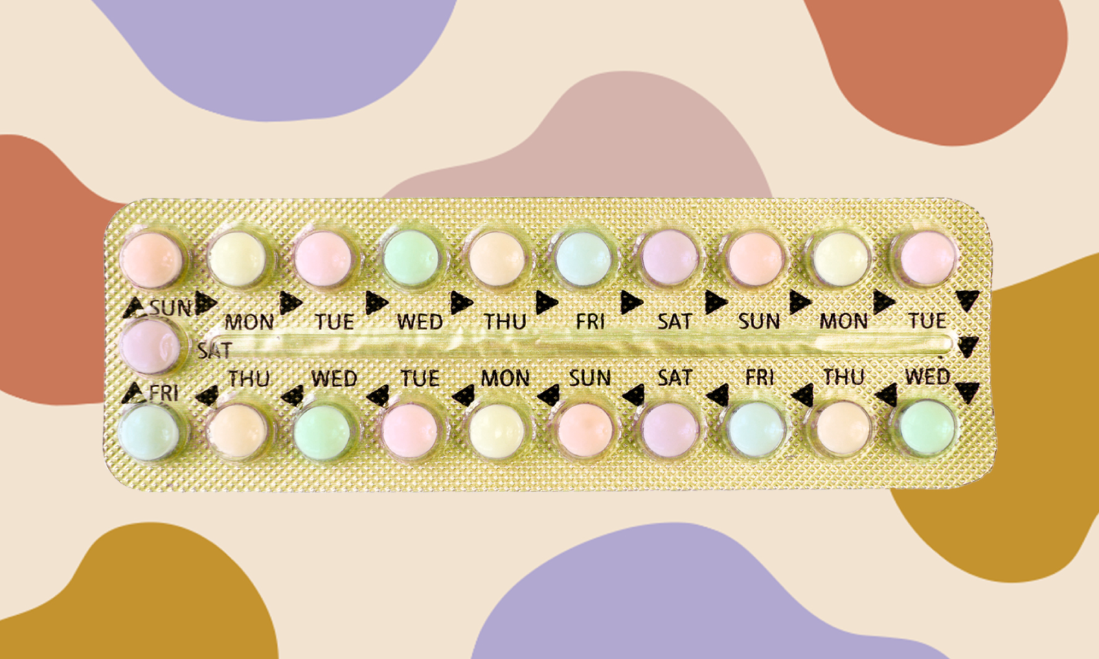 A plastic blister pack containing a 4 week supply of small, pastel coloured birth control tablets. 